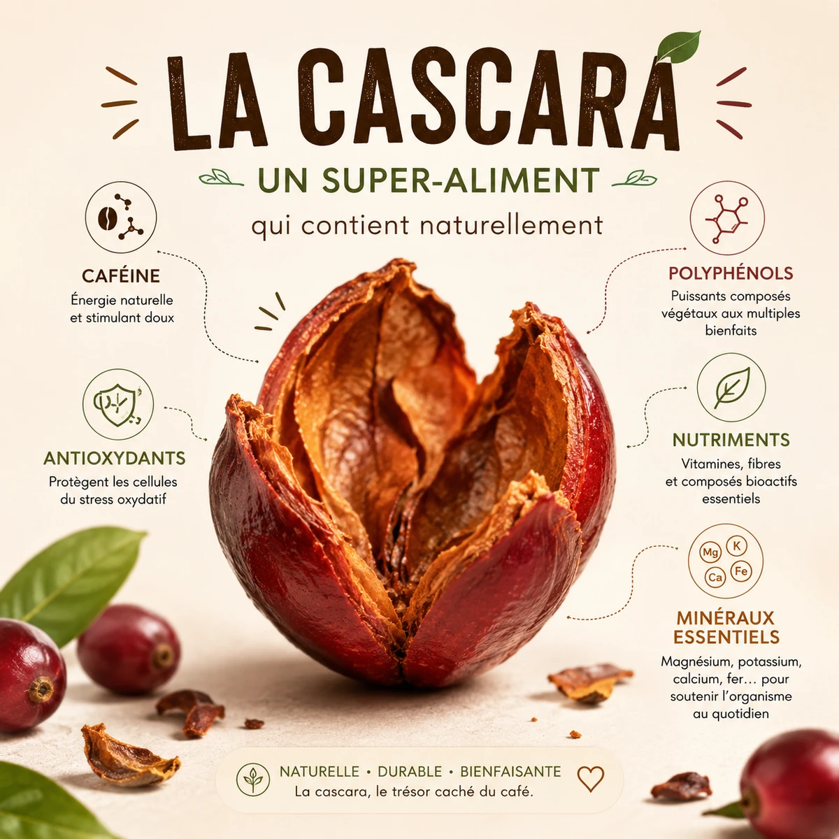 Infographie : la cascara, super-aliment riche en caféine, polyphénols, antioxydants, nutriments et minéraux