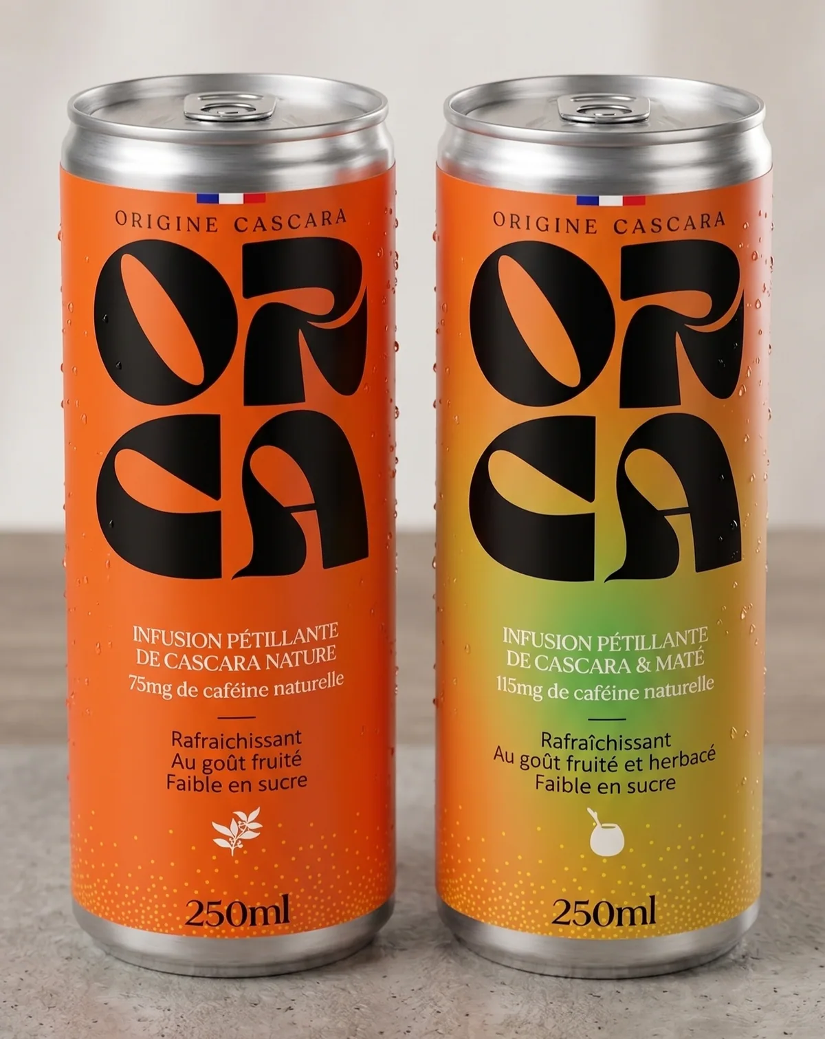 Les deux canettes ORCA Nature et Maté, photo studio
